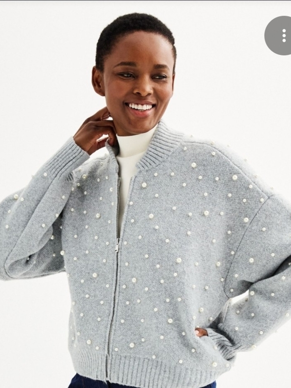 Nine West Gray Pearl-Embellished Zip Sweater